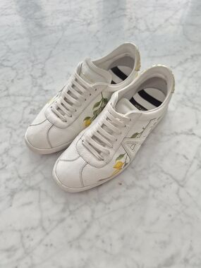 Aquazzura Women’s White Leather Sneakers with Lemon Embroidery - Designer Style